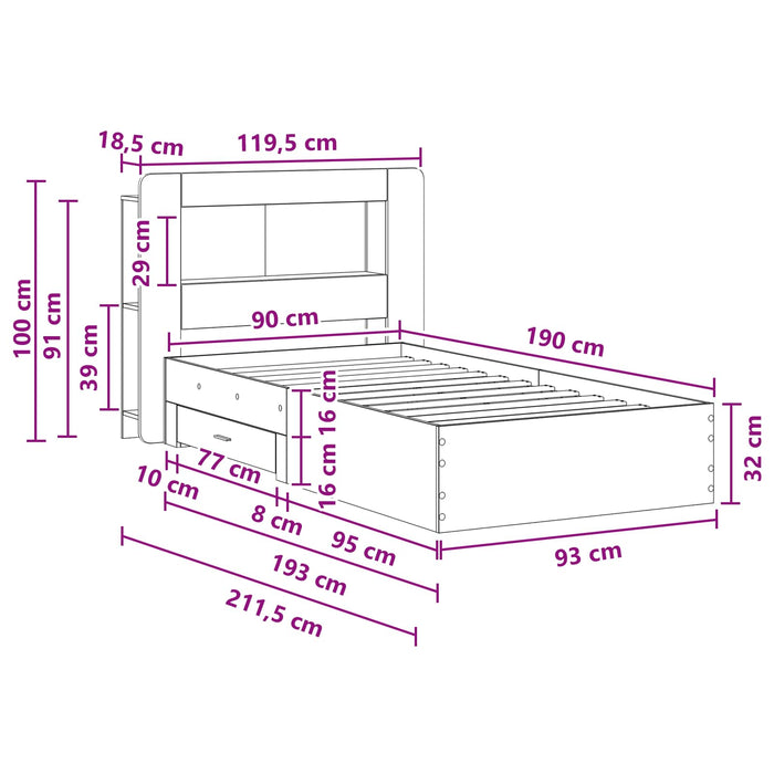 Cadru de pat cu depozitare Stejar Sonoma 90 x 190 cm - WALTI WALTI