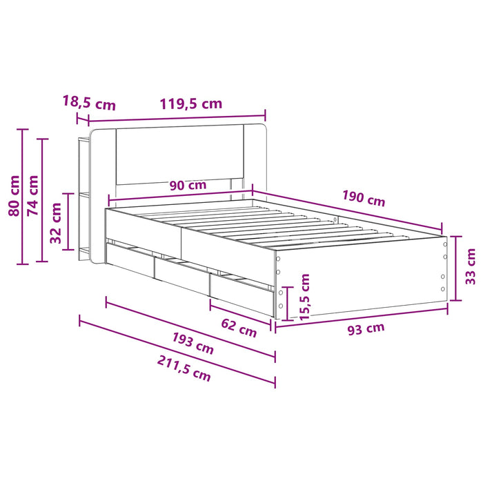 Cadru de pat cu depozitare Gri Beton 90 x 190 cm Lemn prelucrat WALTI