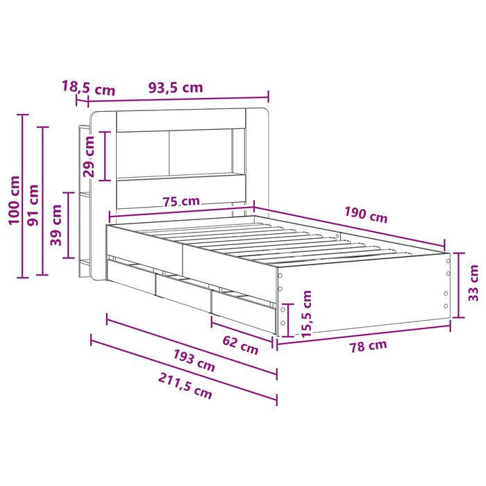 Cadru de pat cu depozitare cu headboard Sonoma gri 75 x 190 cm WALTI