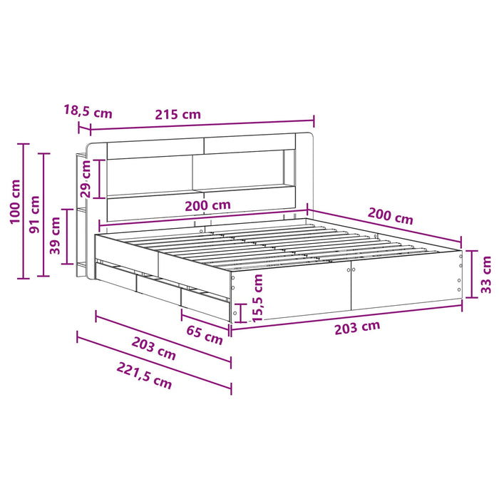 Cadru de pat cu depozitare și tăblie Stejar Sonoma 200 x 200 cm WALTI