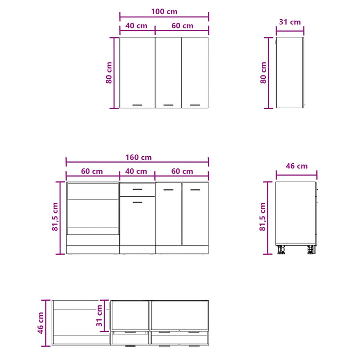 Unitate de bucătărie LYON 5 pcs Stejar Negru Lemn prelucrat WALTI