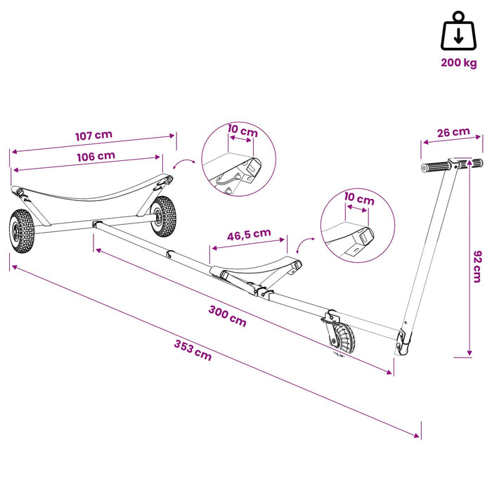Remorcă de barcă ajustabilă cu pneuri pneumatice 200 kg Load WALTI