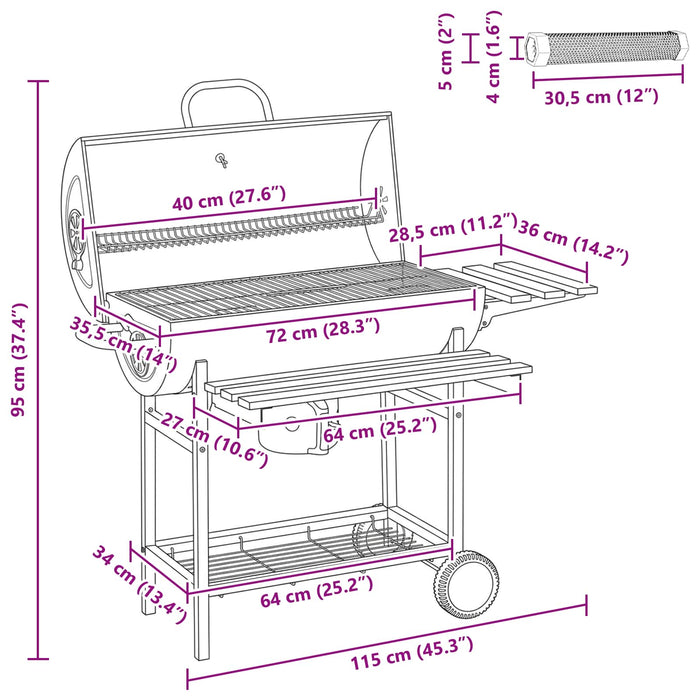 Grătar tip butoi cu roți și rafturi 3 pcs 115 x 85 x 95 cm WALTI