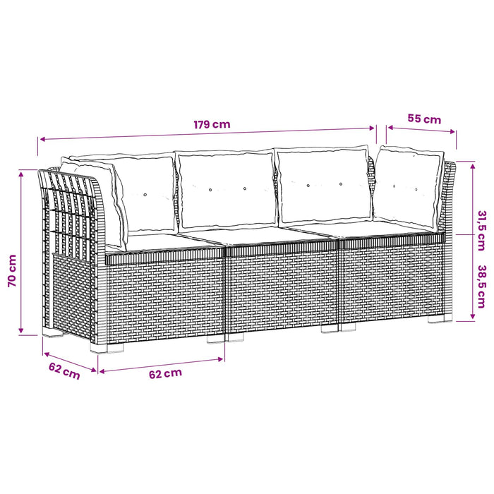 Sofa de grădină cu 3 locuri, cu perne, aspect de rattan PP WALTI