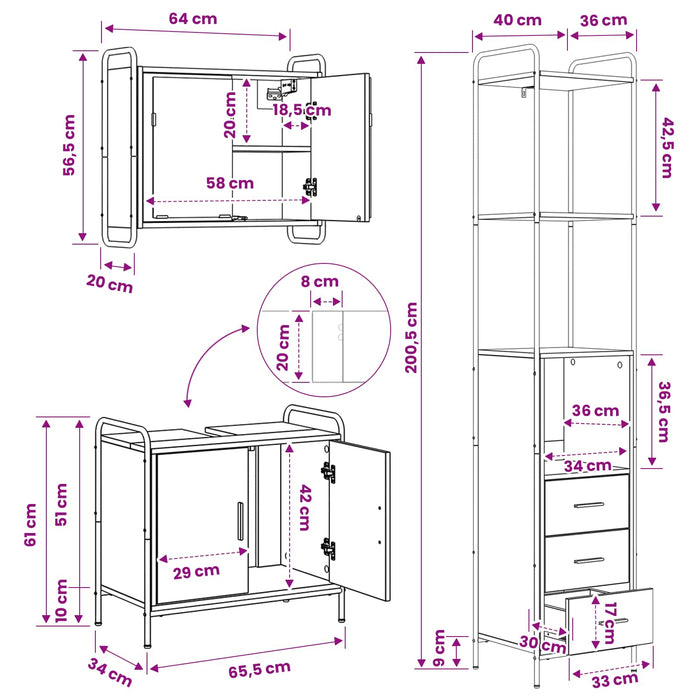 Set dulap baie 3 buc. Stejar Sonoma 40 x 36 x 200,5 cm WALTI