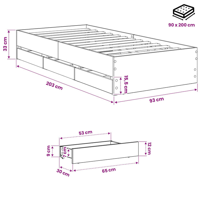 Cadru de pat cu depozitare Stejar Artizanal 90 x 200 cm WALTI