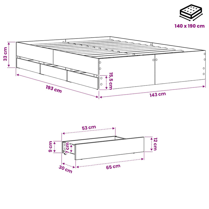 Cadru de pat cu depozitare Stejar Artizanal 140 x 190 cm WALTI