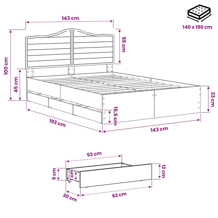 Bed Frame with Storage and Headboard Artisan Oak 140 x 190 cm - WALTI WALTI