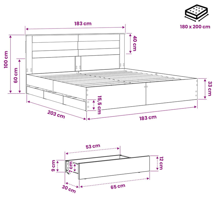 Bed Frame with Storage and Headboard Artisan Oak 180 x 200 cm - WALTI WALTI