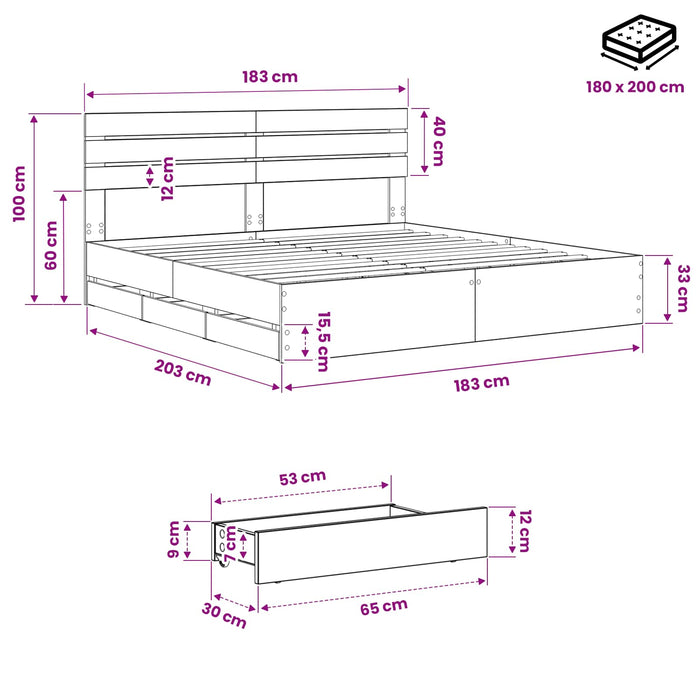 Bed Frame with Storage and Headboard Artisan Oak 180 x 200 cm WALTI