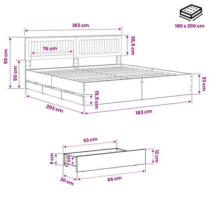 Bed Frame with Storage and Headboard Artisan Oak 180 x 200 cm - WALTI WALTI