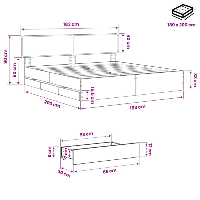 Bed Frame with Storage and Headboard Artisan Oak 180 x 200 cm - WALTI WALTI