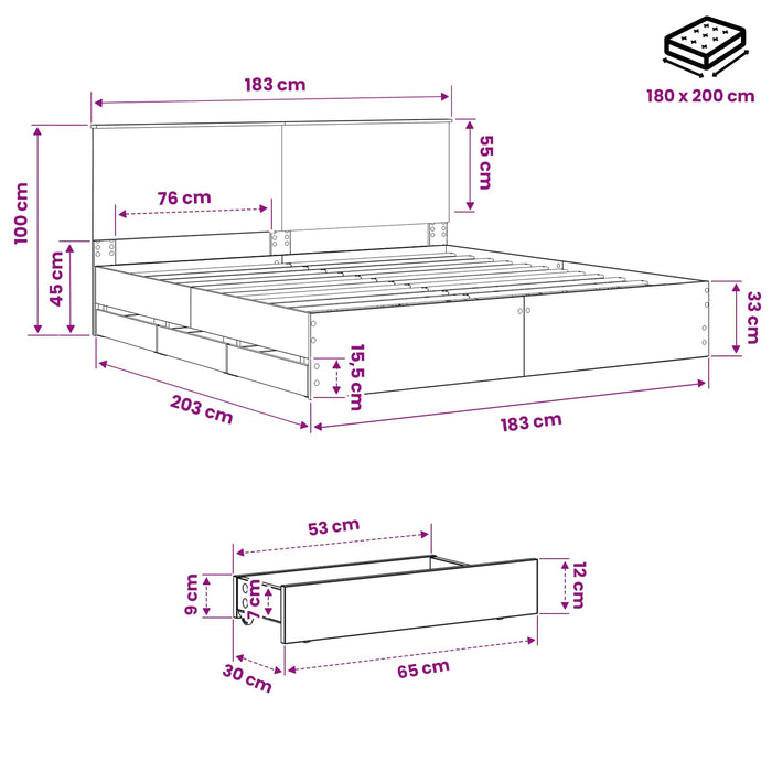 Bed Frame with Storage and Headboard Artisan Oak 180 x 200 cm - WALTI WALTI