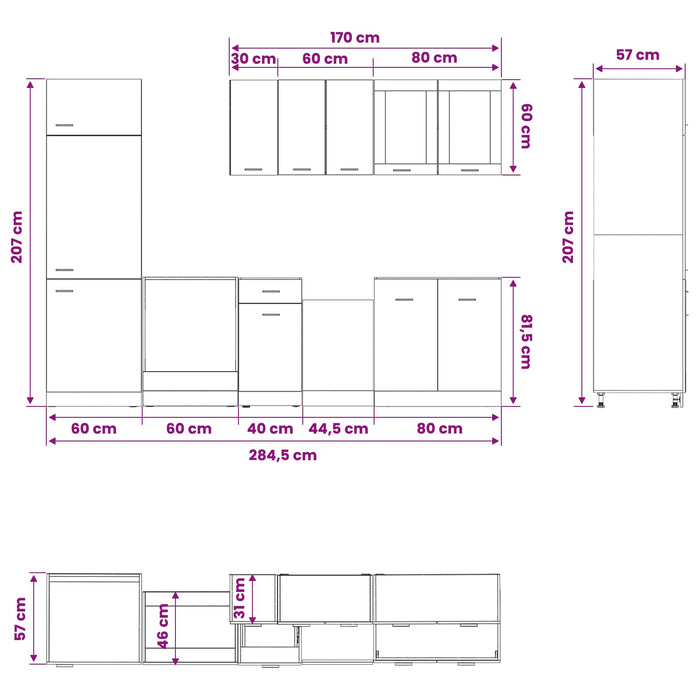 Unitate de bucătărie Lyon 8 pcs Stejar Negru Lemn prelucrat WALTI
