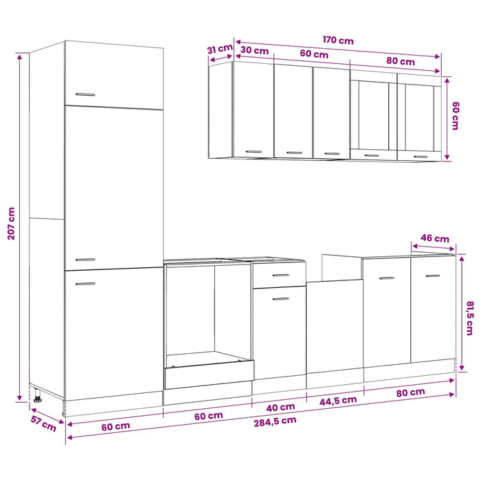 Unitate de bucătărie Lyon 8 pcs Stejar Negru Lemn prelucrat WALTI
