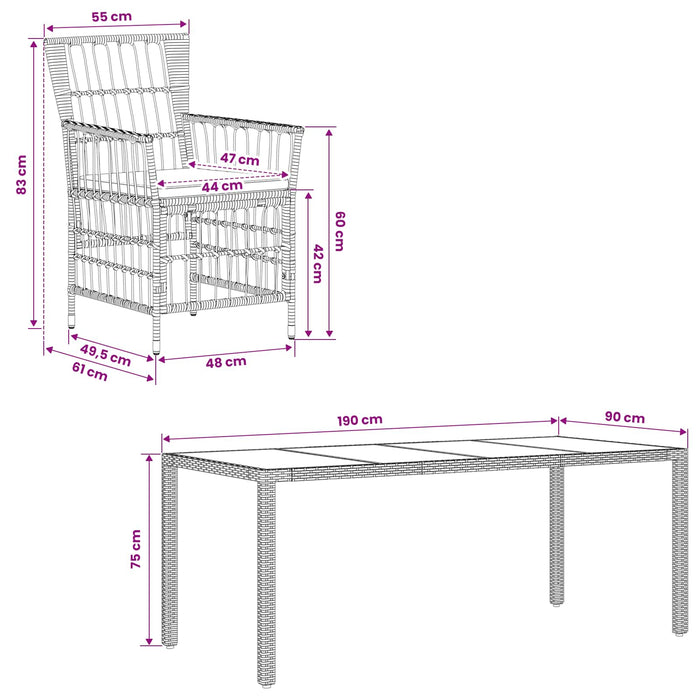 Set dining pentru exterior 7 buc. Negru poliratan WALTI