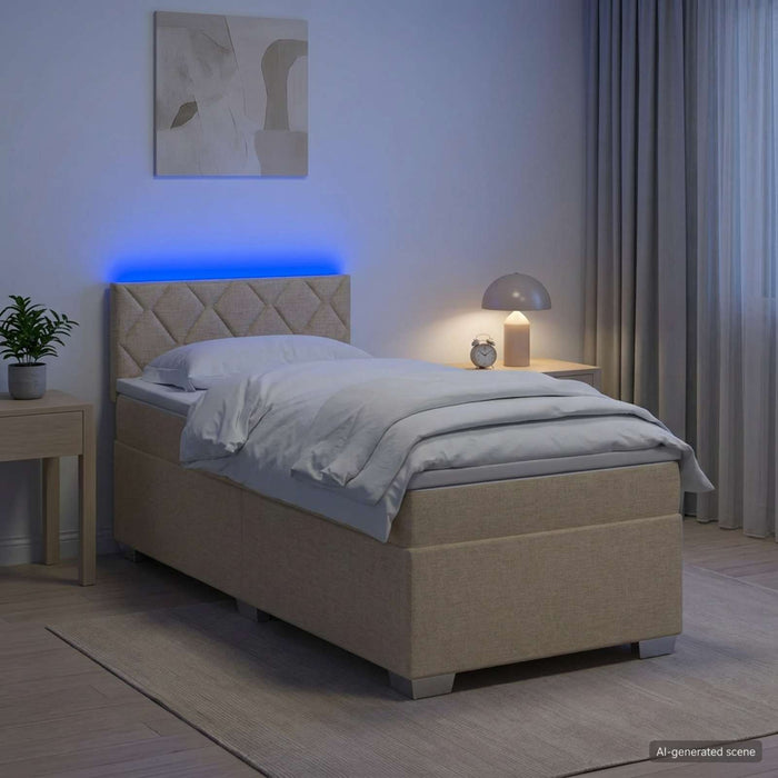 Pat box spring cu saltea și LED Crem 90 x 190 cm Țesătură WALTI
