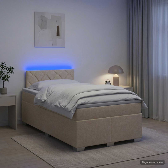 Pat box spring cu saltea și LED Crem 120 x 190 cm Țesătură WALTI