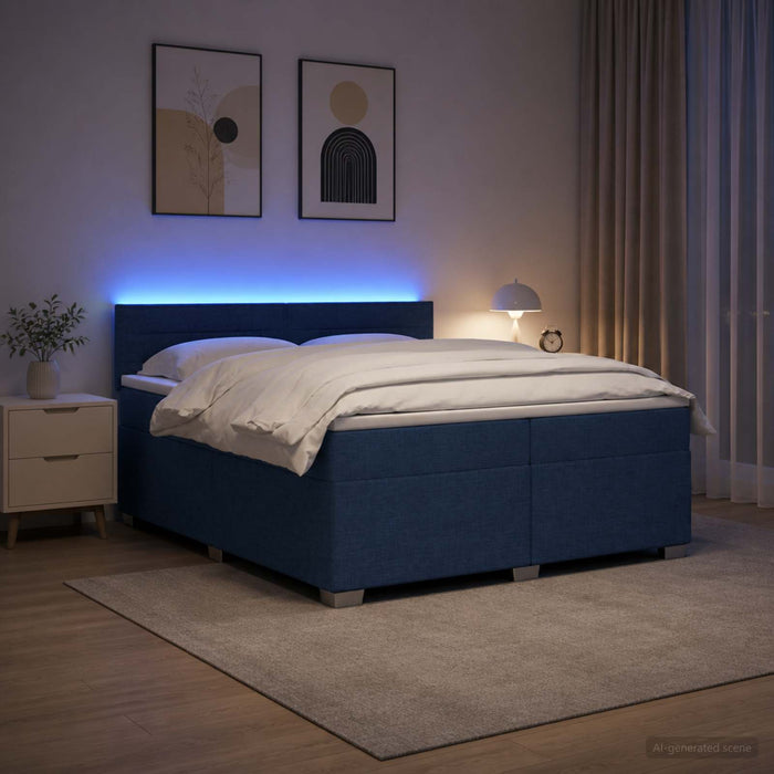 Pat box spring cu saltea și LED albastru 200 x 200 cm Țesătură WALTI
