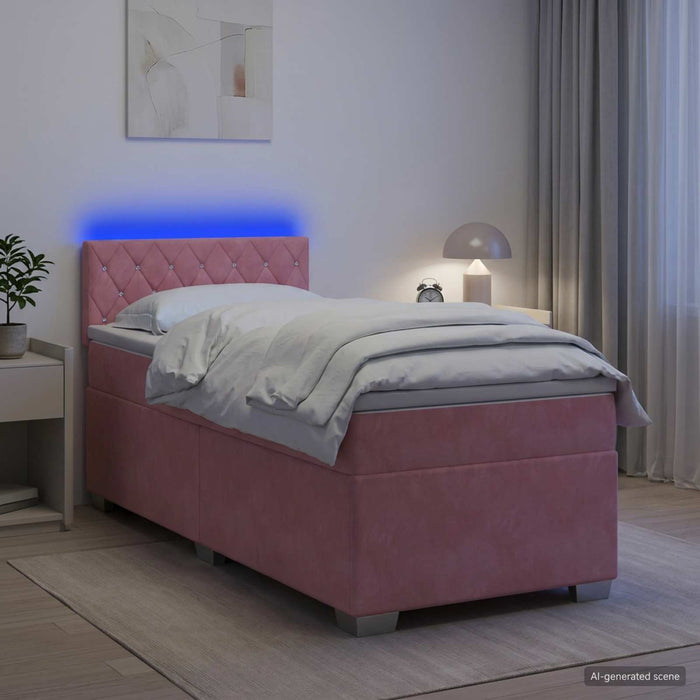 Pat box spring cu saltea și LED Roz 100 x 200 cm Catifea - WALTI WALTI