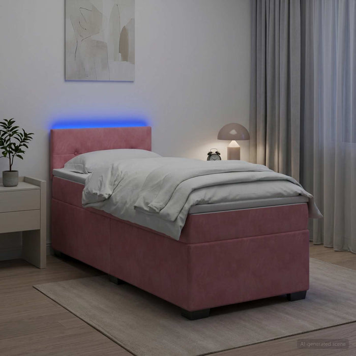Pat box spring cu saltea și LED Roz 100 x 200 cm Catifea WALTI