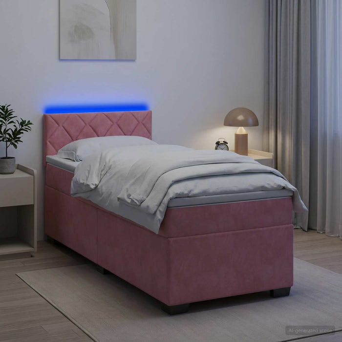 Pat box spring cu saltea și LED Roz 90 x 200 cm Catifea - WALTI WALTI