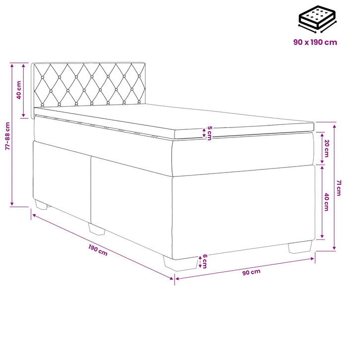Pat box spring cu saltea și LED albastru 90 x 190 cm Catifea WALTI