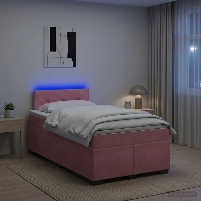Pat box spring cu saltea și LED Roz 120 x 190 cm Catifea WALTI