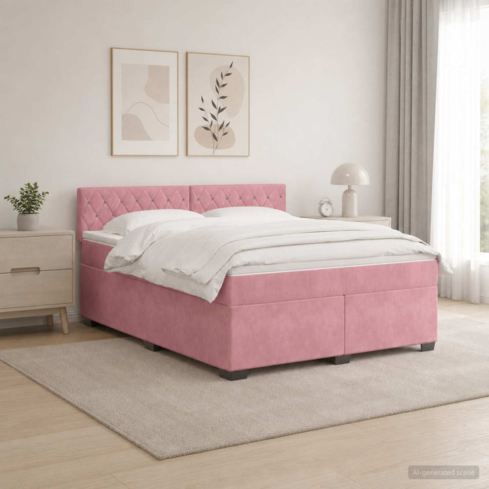 Pat box spring cu saltea și LED Roz 160 x 200 cm Catifea WALTI
