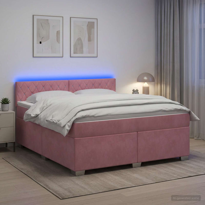 Pat box spring cu saltea și LED Roz 160 x 200 cm Catifea WALTI
