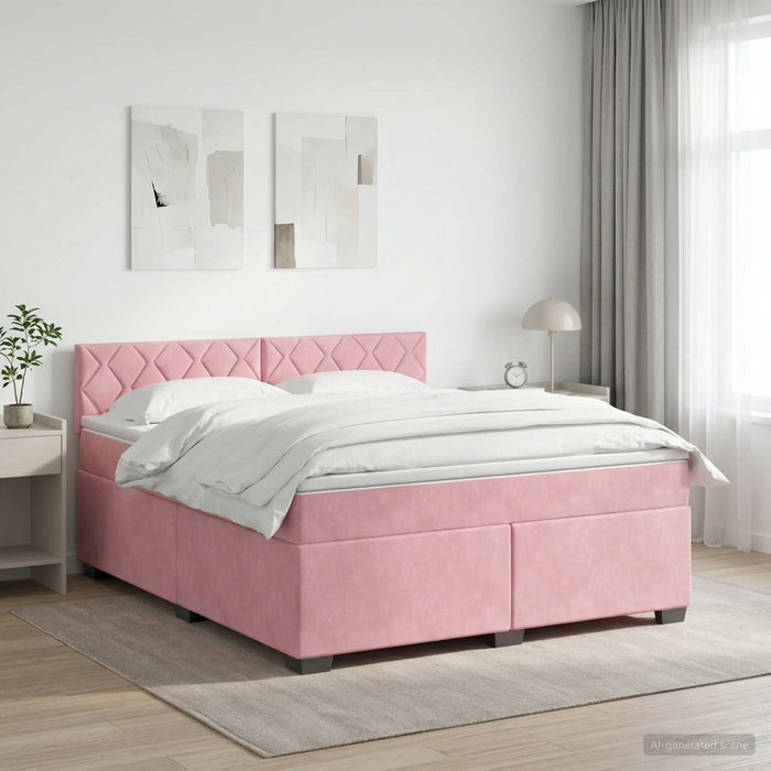 Pat box spring cu saltea și LED Roz 140 x 190 cm Catifea WALTI