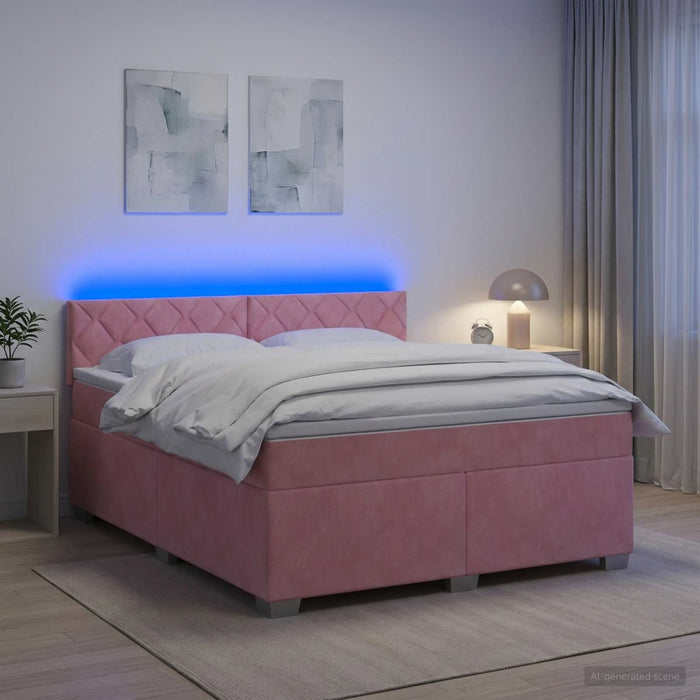 Pat box spring cu saltea și LED Roz 140 x 190 cm Catifea WALTI