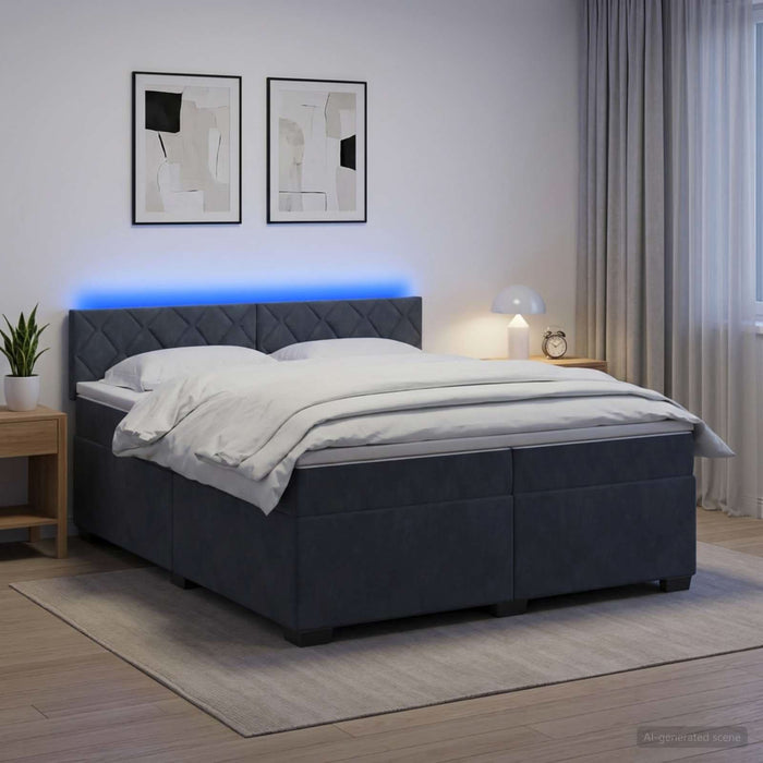 Pat box spring cu saltea și LED Gri închis 200 x 200 cm Catifea WALTI