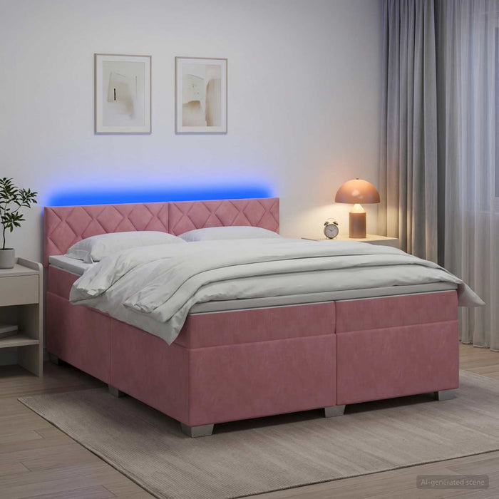Pat box spring cu saltea și LED Roz 200 x 200 cm Catifea - WALTI WALTI