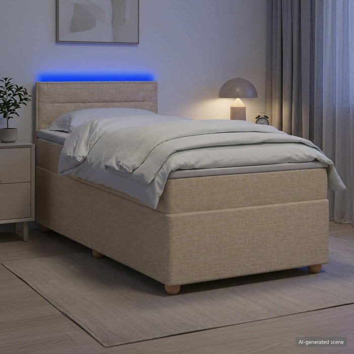 Pat boxspring cu saltea cu benzi LED Crem 90 x 190 cm Țesătură WALTI