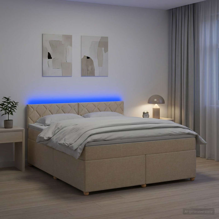 Pat boxspring cu saltea cu benzi LED Crem 160 x 200 cm Țesătură WALTI