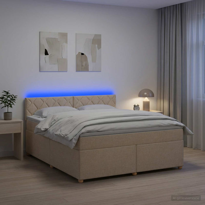 Pat boxspring cu saltea cu benzi LED Crem 140 x 200 cm Țesătură WALTI