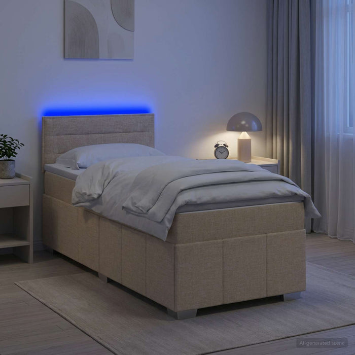 Pat boxspring cu saltea cu benzi LED Crem 90 x 200 cm Țesătură WALTI