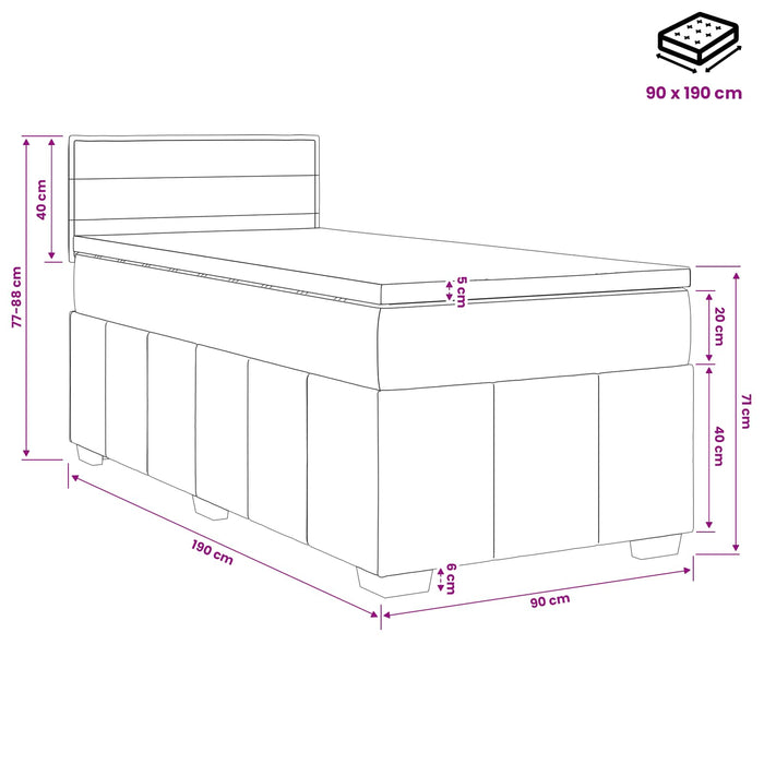 Pat box spring cu saltea și LED Gri închis 90 x 190 cm Țesătură WALTI