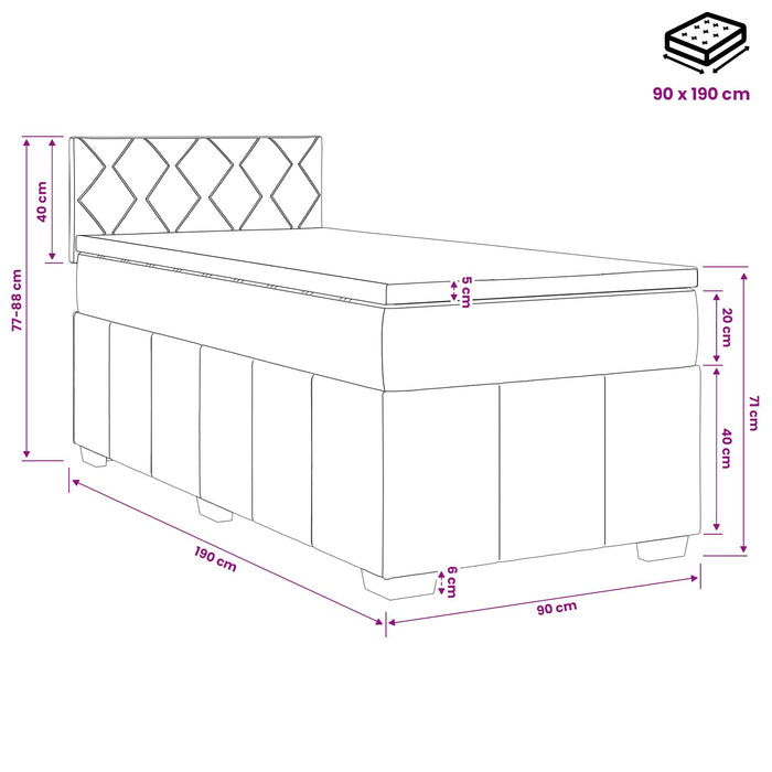 Pat box spring cu saltea și LED Gri închis 90 x 190 cm Țesătură WALTI