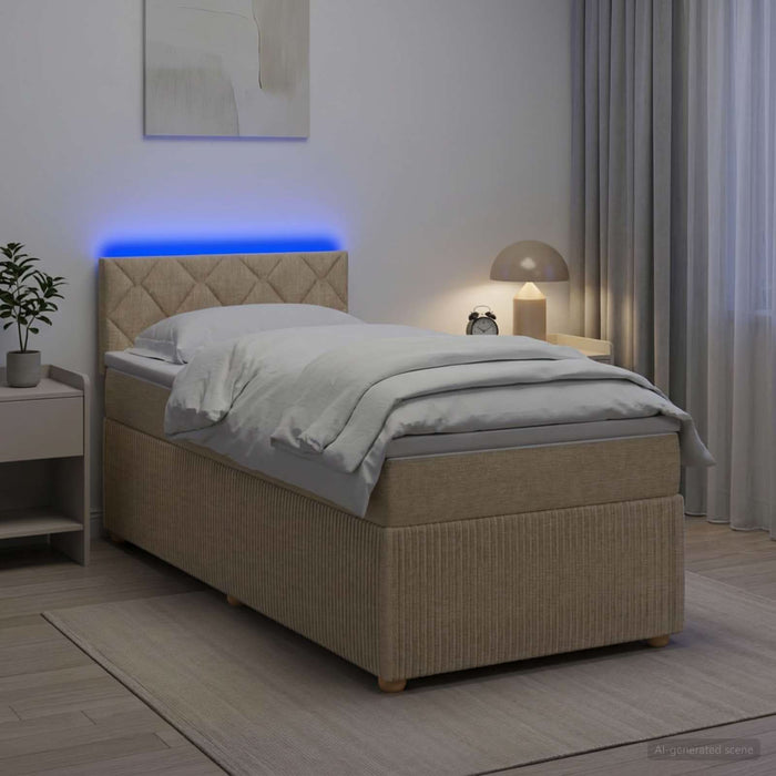 Pat boxspring cu saltea cu benzi LED Crem 90 x 200 cm Țesătură WALTI