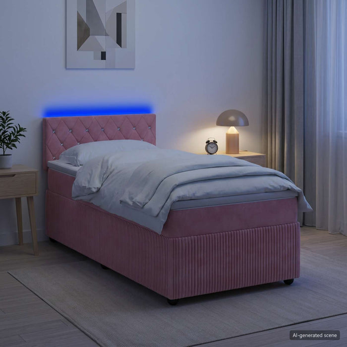 Pat boxspring cu saltea cu benzi LED Roz 100 x 200 cm Catifea - WALTI WALTI