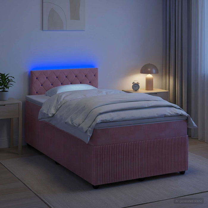 Pat boxspring cu saltea cu benzi LED Roz 120 x 190 cm Catifea - WALTI WALTI