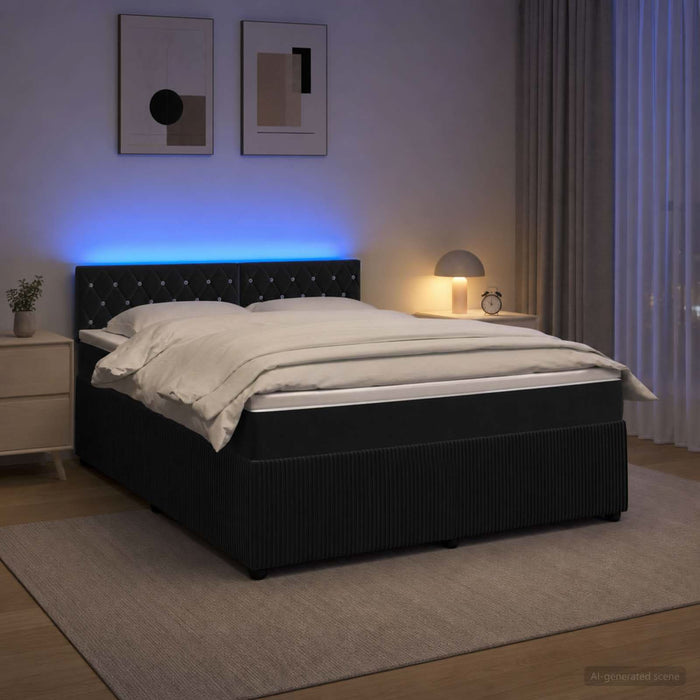 Pat boxspring cu saltea cu benzi LED Negru 140 x 190 cm Catifea WALTI