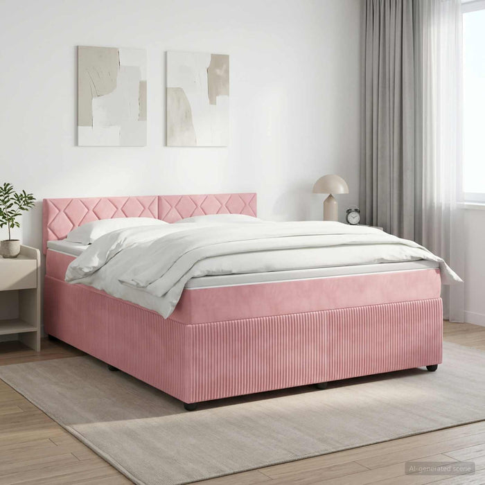 Pat boxspring cu saltea cu benzi LED Roz 140 x 200 cm Catifea WALTI
