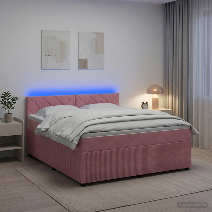 Pat boxspring cu saltea cu benzi LED Roz 140 x 190 cm Catifea WALTI