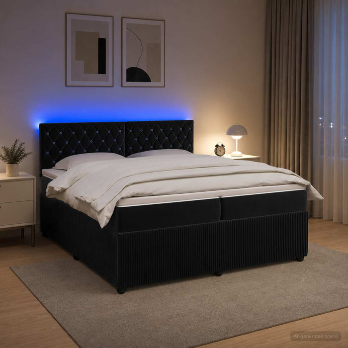 Pat boxspring cu saltea cu benzi LED Negru 200 x 200 cm Catifea - WALTI WALTI