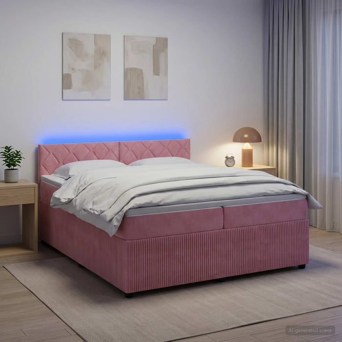 Pat boxspring cu saltea cu benzi LED Roz 200 x 200 cm Catifea - WALTI WALTI