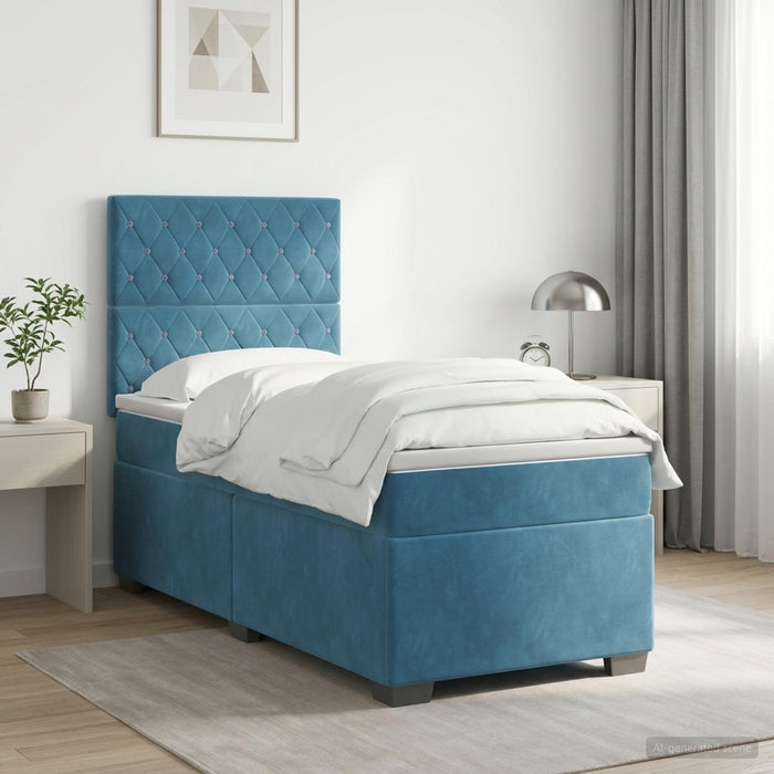 Pat boxspring cu saltea albastru 90 x 200 cm Catifea WALTI