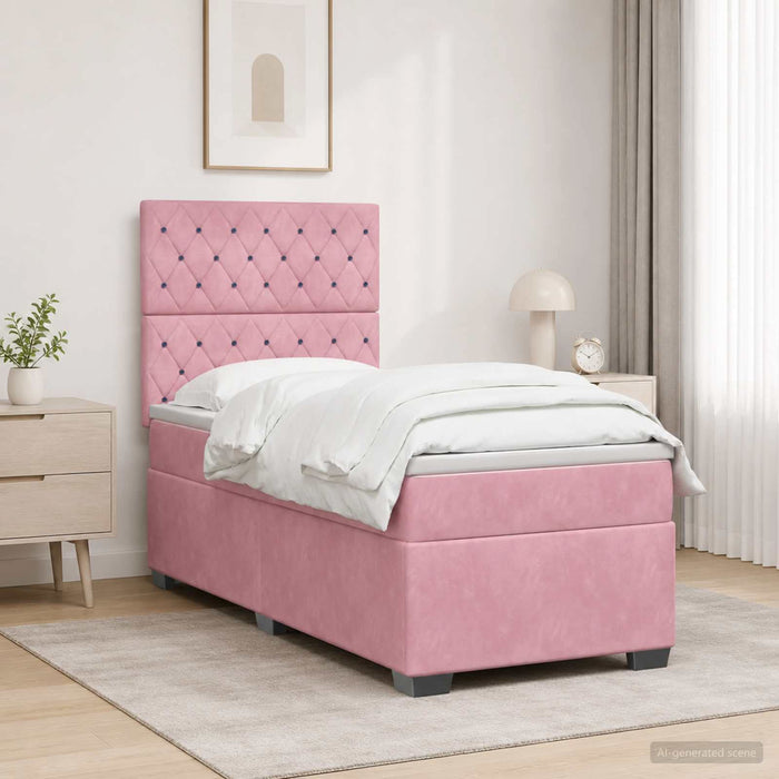 Pat boxspring cu saltea cu headboard Roz 90 x 190 cm Catifea WALTI